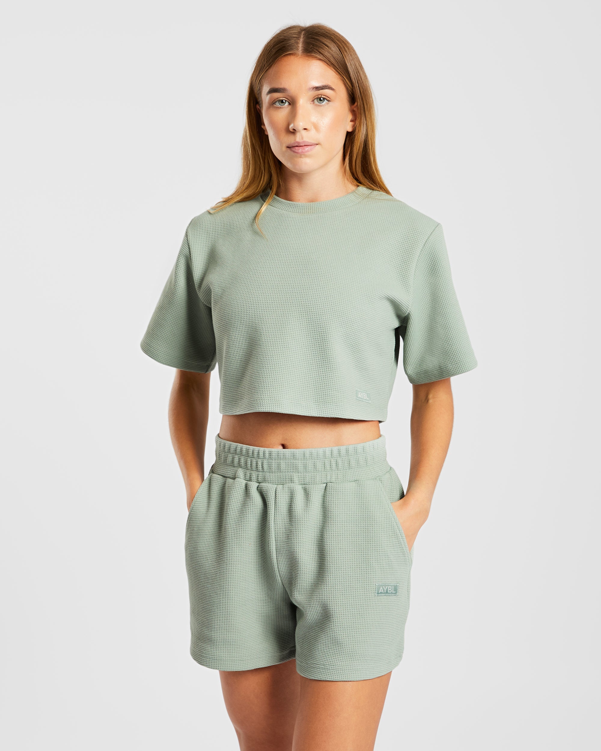 Waffle Boxy Crop Top - Sage Grün