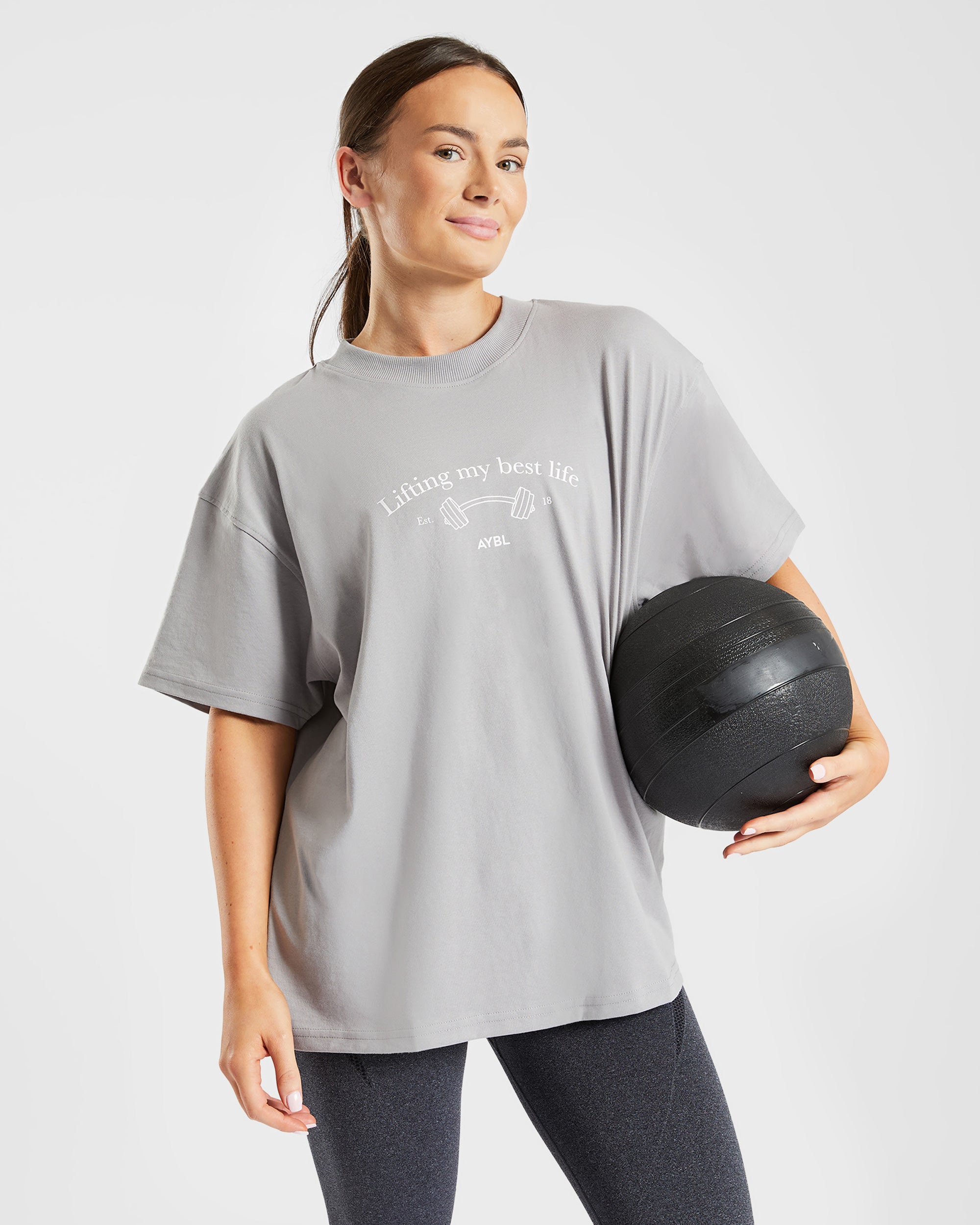 Lifting My Best Life Oversized T Shirt - Grau