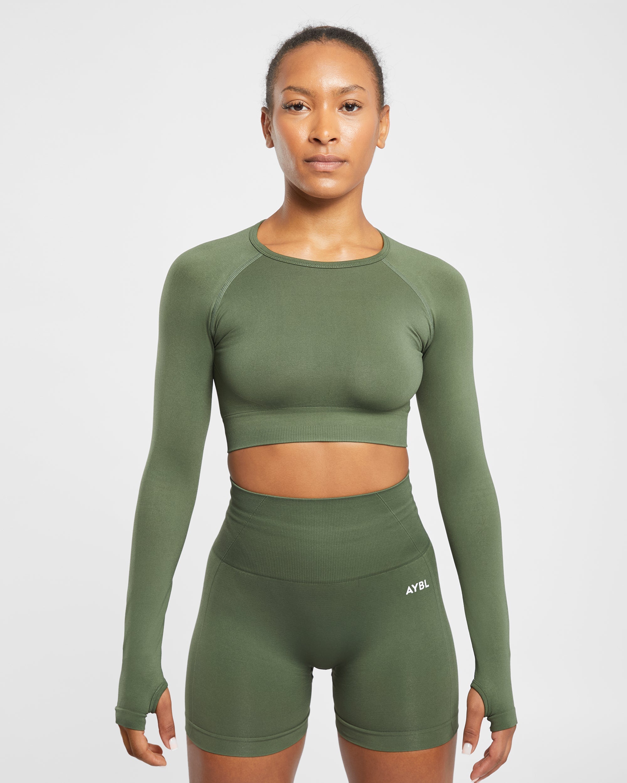 Empower Seamless Long Sleeve Crop Top - Khaki Grün