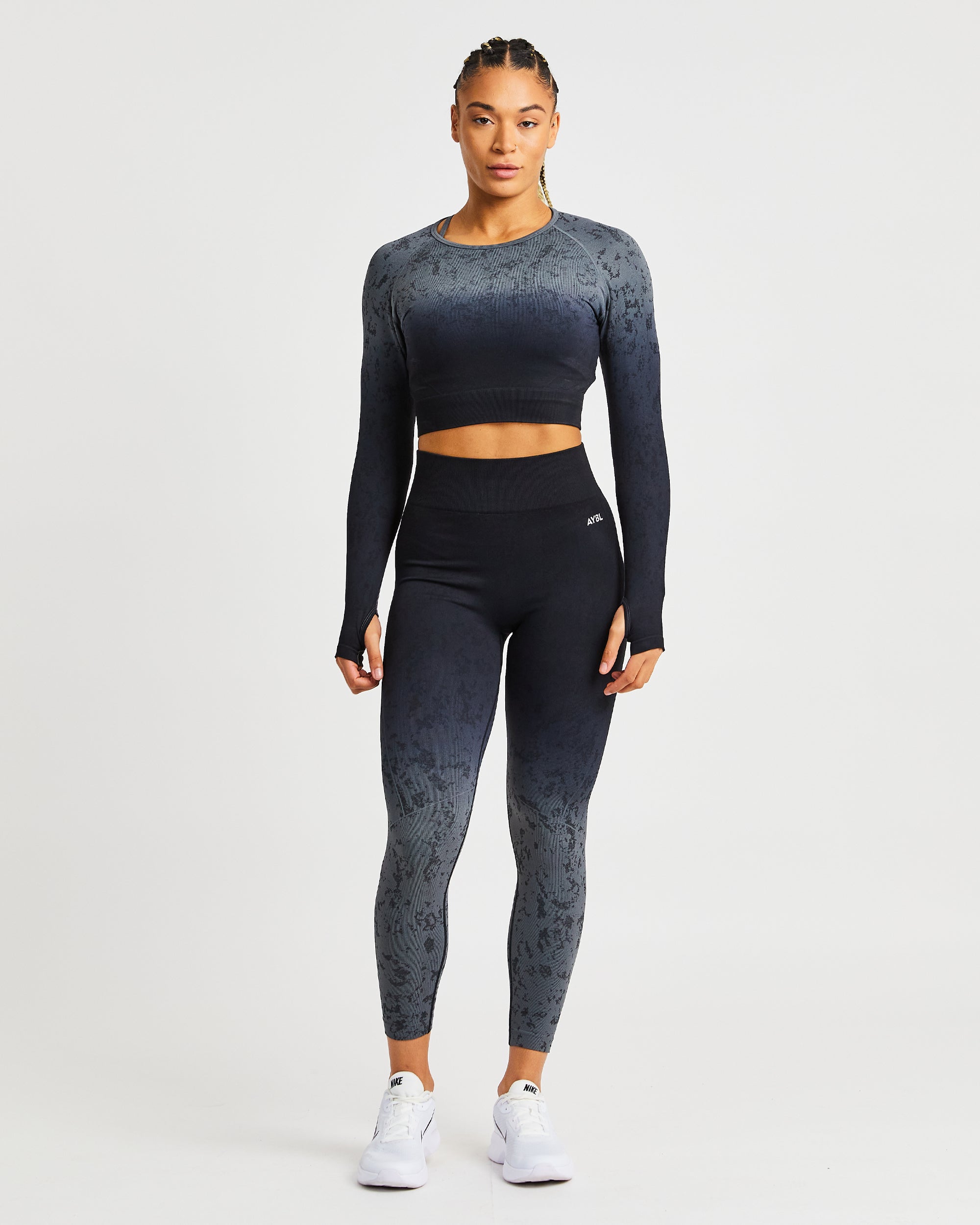 Flare Seamless Long Sleeve Crop Top - Schwarz