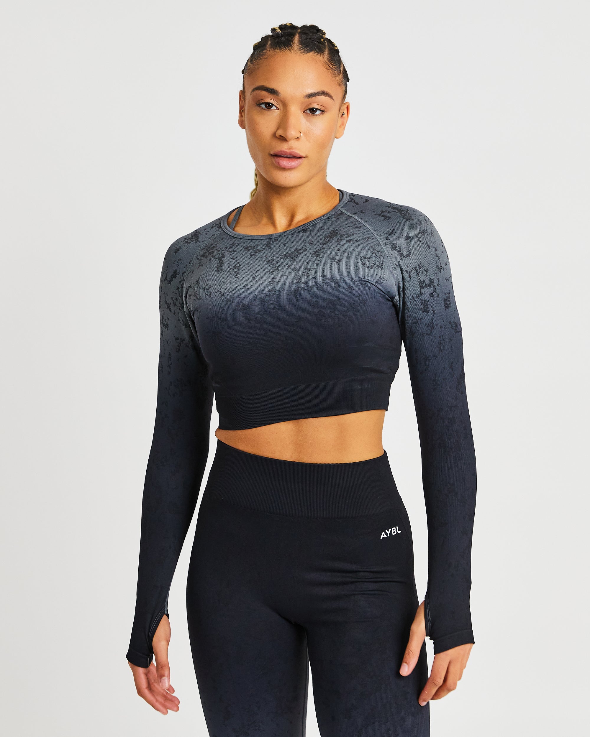 Flare Seamless Long Sleeve Crop Top - Schwarz