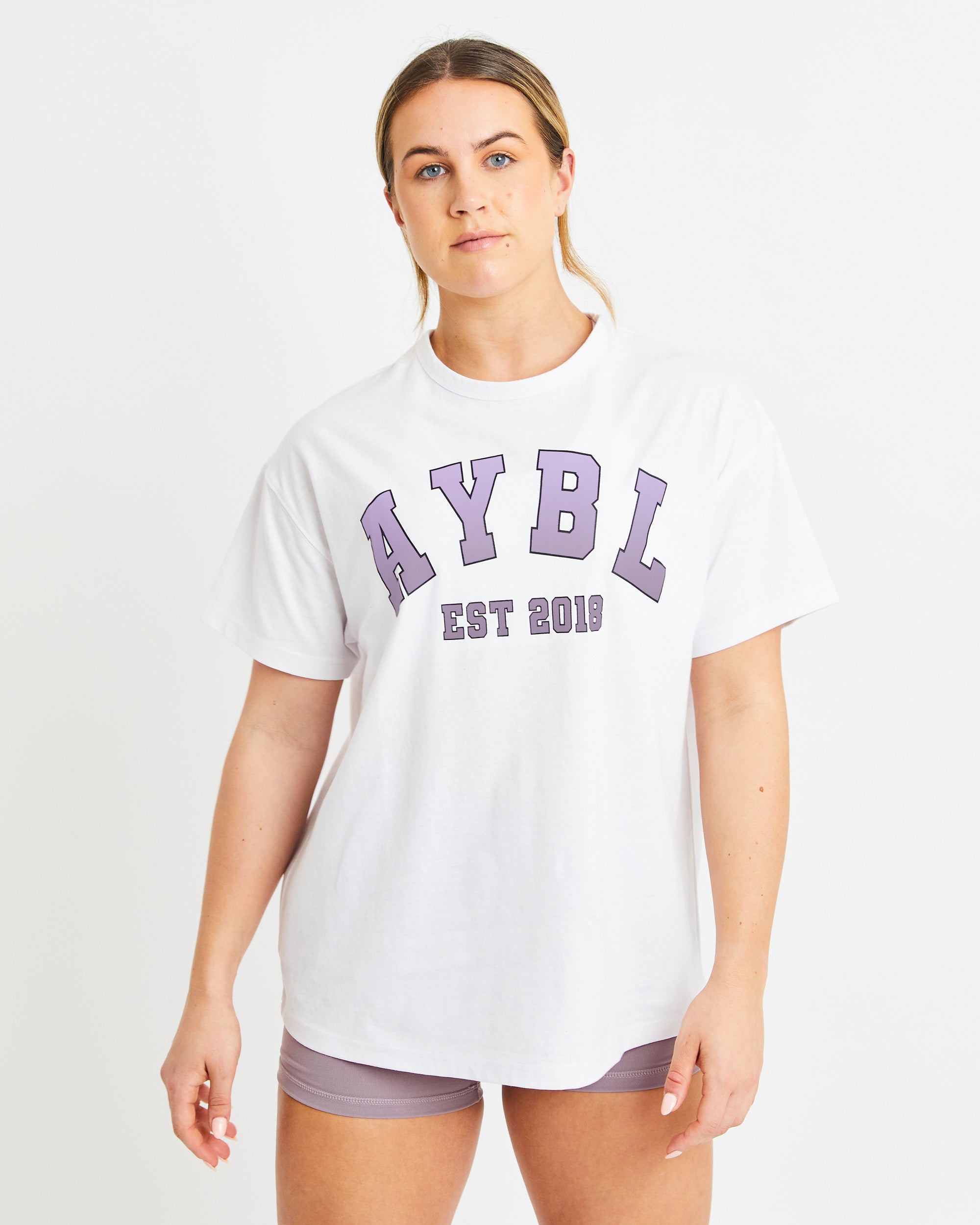 Varsity Oversized T Shirt - Weiß/Lila