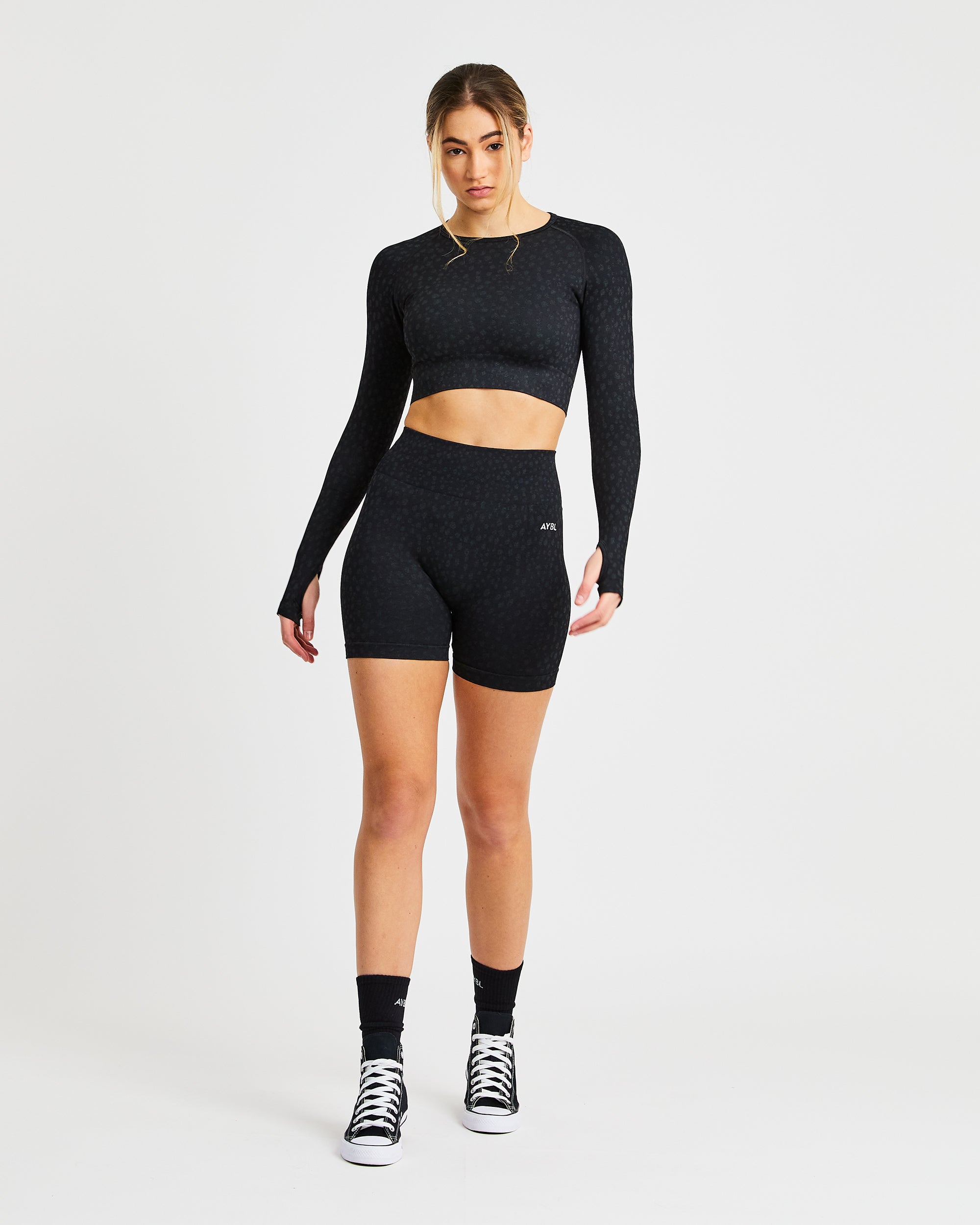 Evolve Speckle Seamless Long Sleeve Crop Top - Schwarz