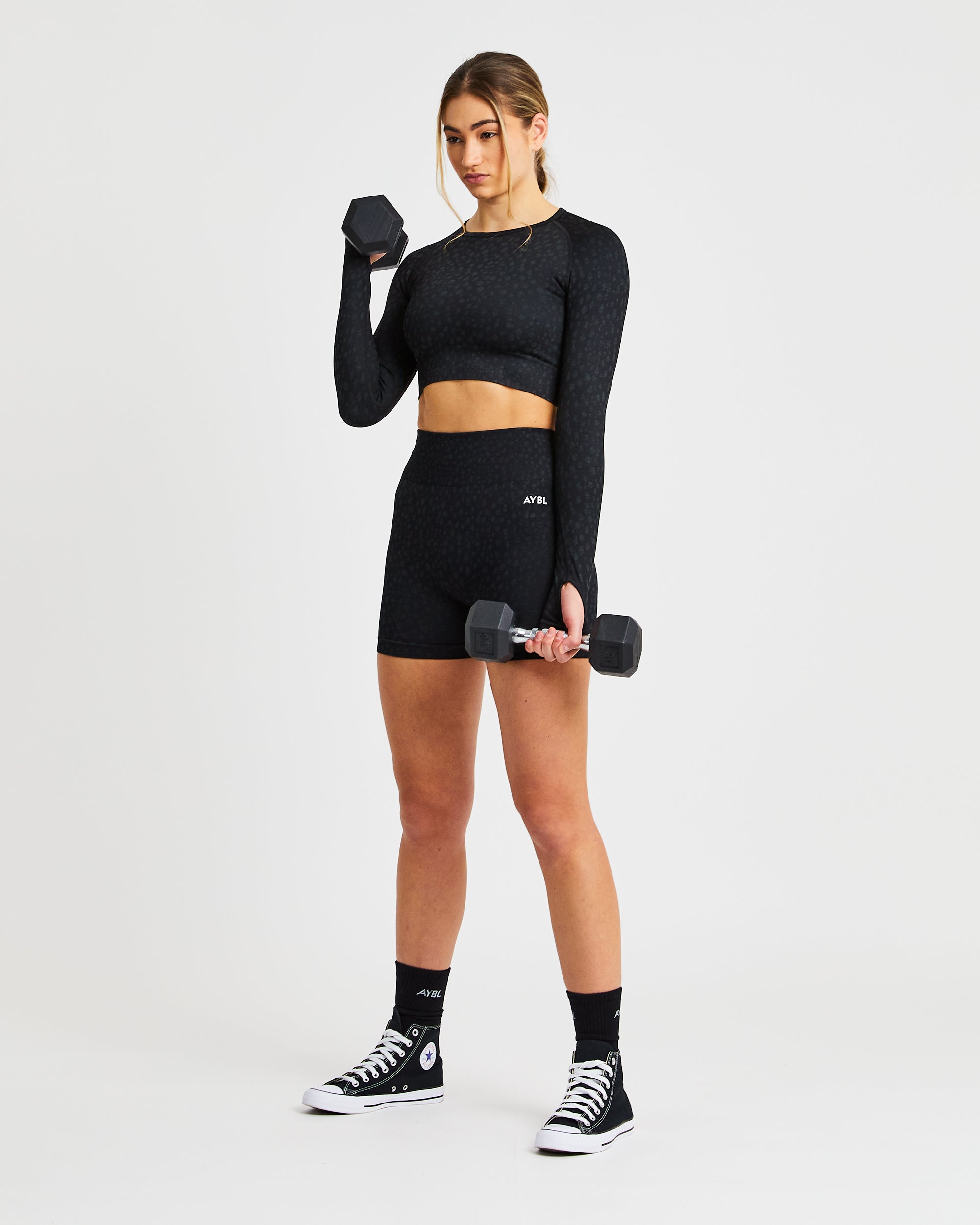 Evolve Speckle Seamless Long Sleeve Crop Top - Schwarz