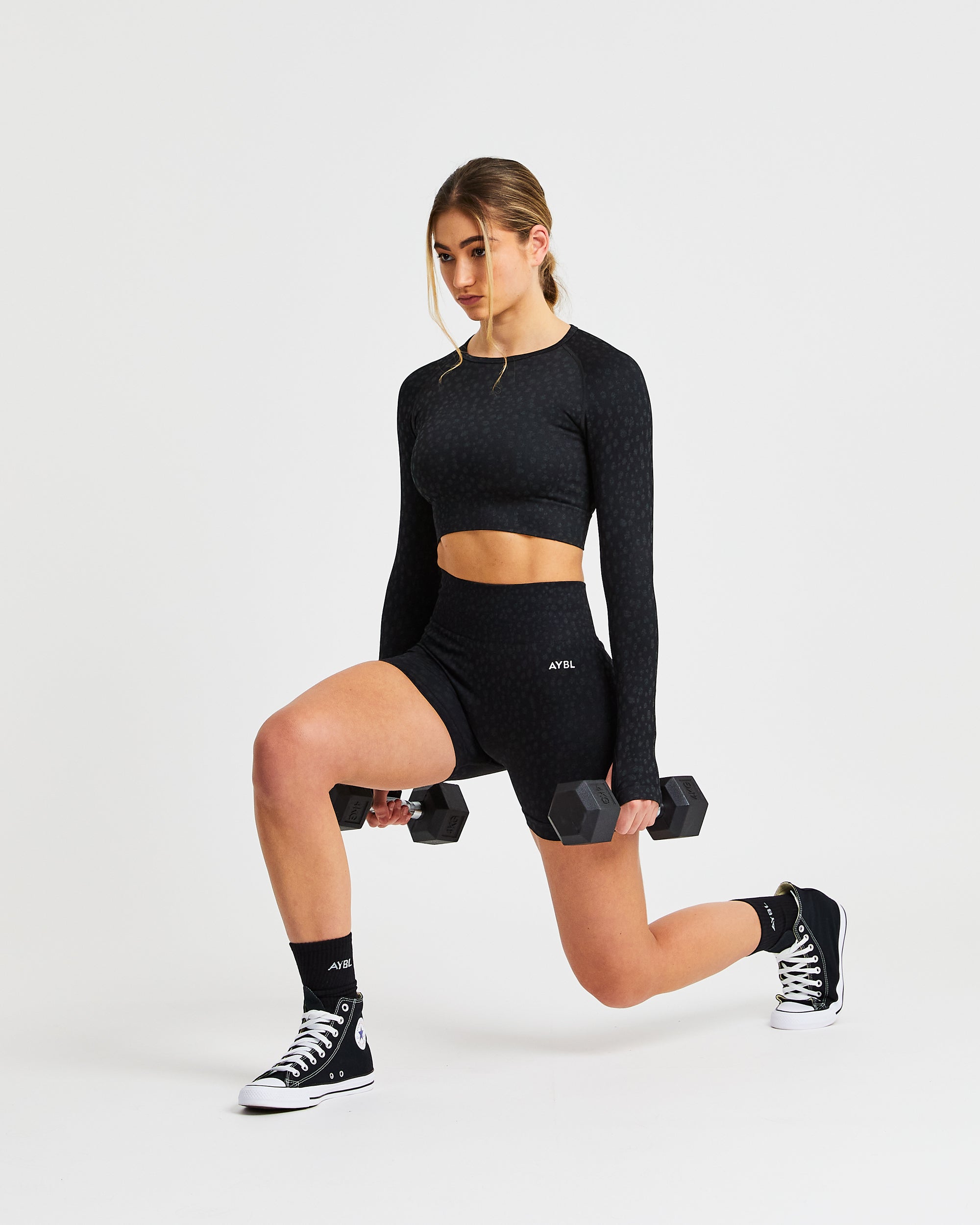 Evolve Speckle Seamless Long Sleeve Crop Top - Schwarz